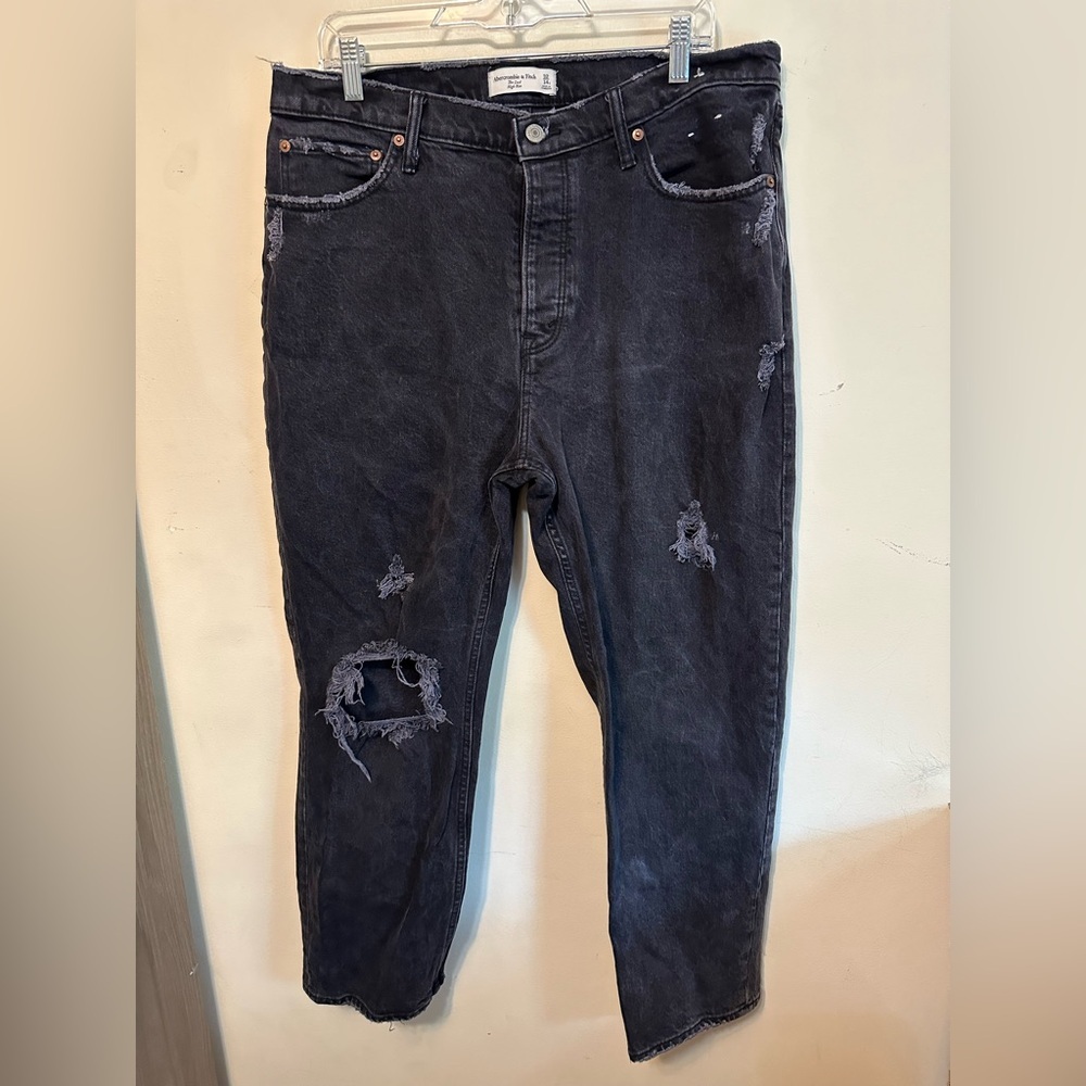 Abercrombie The Dad High Rise Faded Black Distressed Button Fly Jean  Size 14‎